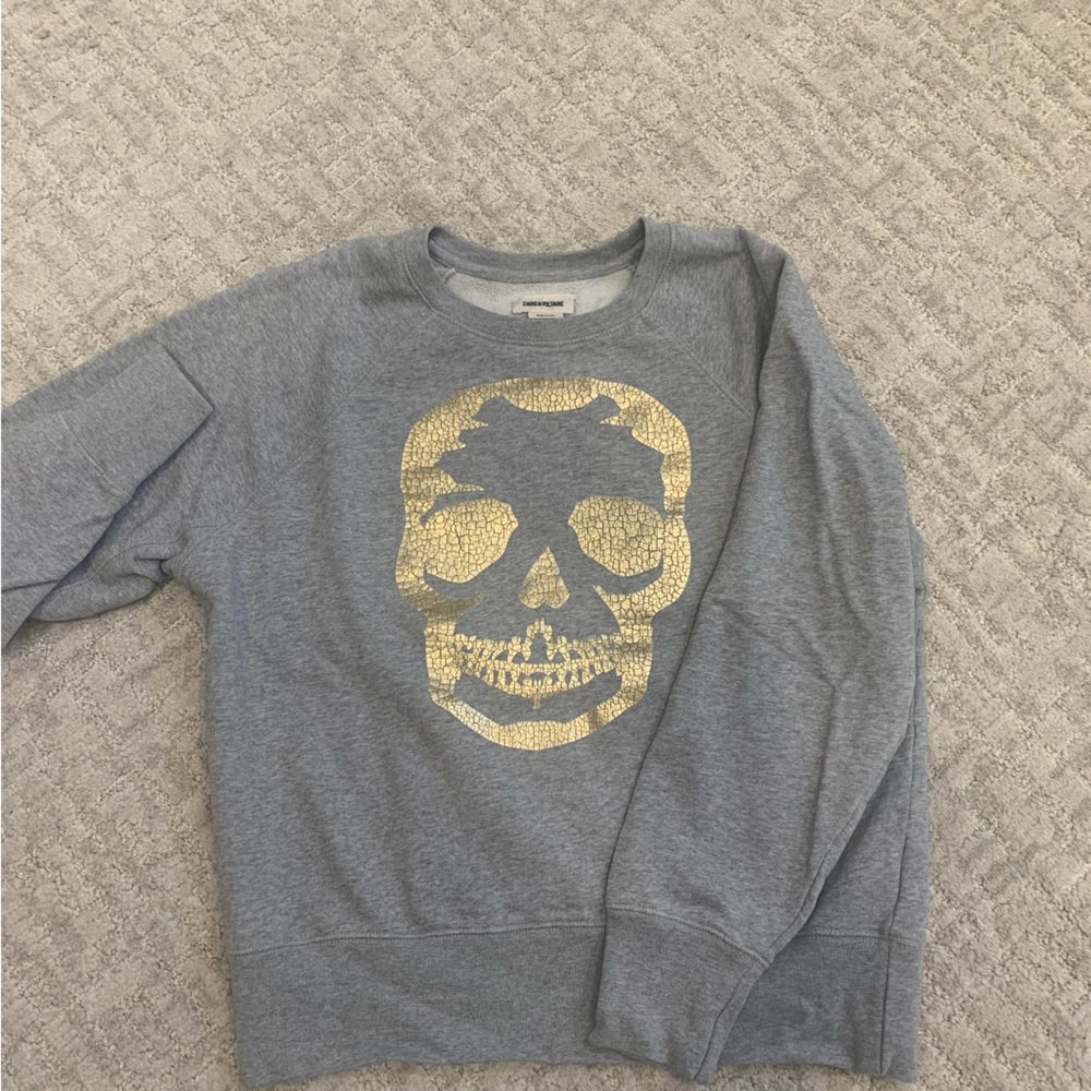 Zadig & Voltaire light grey with gold metallic skull sweatshirt.